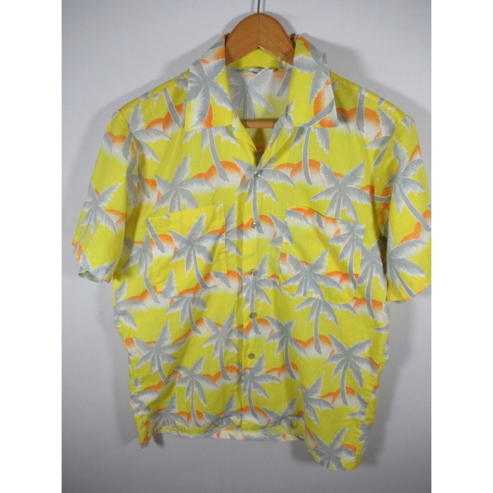 Tropicana Palm Tree Print Hawaiian Shirt Men M Yellow Lightweight